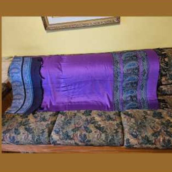 COPY - Purple, dark/medium blues, white, black fringe, cashmere scarf, unisex - Picture 2 of 6